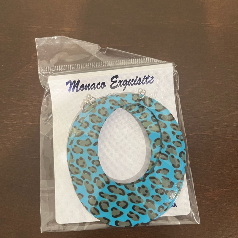 ⭐️ Metal Oval Leopard Print Earrings - Turquoise Blue ⭐️
